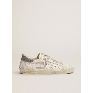 Super-Star sneakers in white canvas with black Swarovski crystal heel tab
