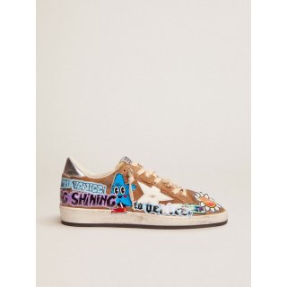 Ball Star sneakers in tobacco-colored suede with a white leather star and multicolored stickers