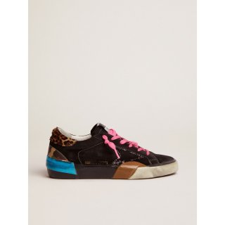 Super-Star LAB sneakers in black suede with multi-foxing and leopard-print pony skin heel tab