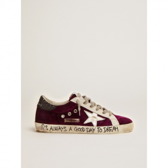 Super-Star sneakers in raspberry-red velvet and black glitter heel tab
