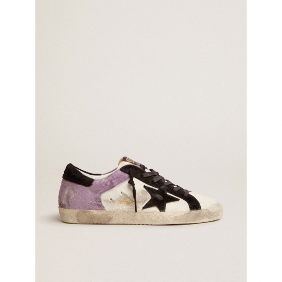 Super-Star sneakers in white and lilac pony skin with black pony skin inserts
