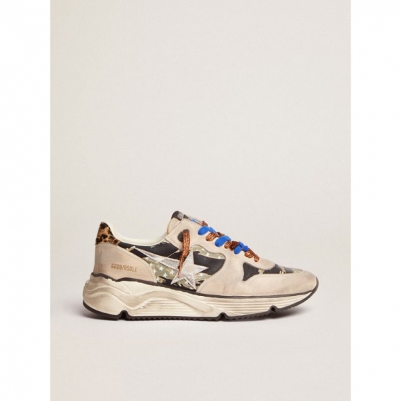 Running Sole sneakers in black and green gabardine with camouflage tiger print and milk-white nubuck inserts