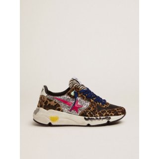 Running Sole sneakers in leopard-print pony skin with silver glitter inserts.